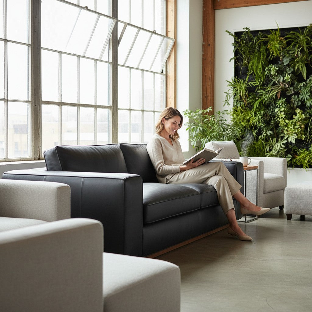 Woman reading on a black leather STYLNN®️ Golden Eagle Sofa in a bright, modern living room with a vertical garden.