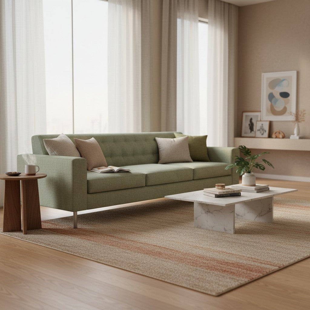 STYLNN®️ Le Jace 108-inch sage green button-tufted sofa with premium foam in a modern, sunlit living room setting.