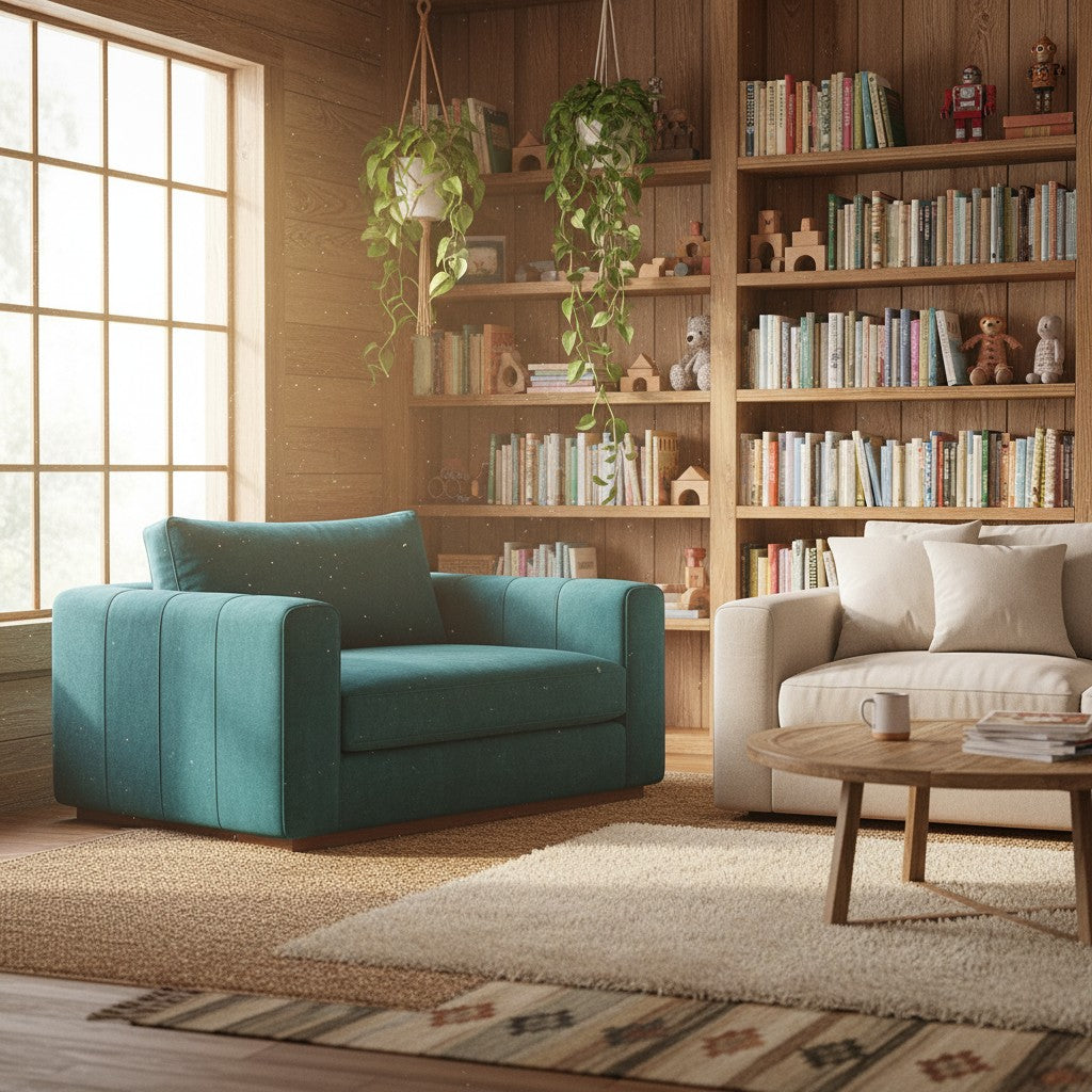 STYLNN® teal channeled armchair in a cozy sunlit living room with wooden bookshelves and hanging plants.