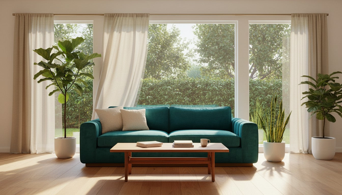 STYLNN® Terra 108-inch organic latex sofa in deep teal with channeled armrests in a sunlit living room.