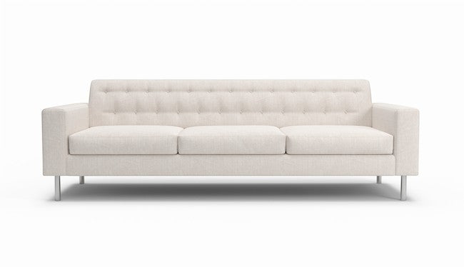 STYLNN®️ Le Jace 108-inch contemporary sofa in cream fabric with button-tufted back and sleek metal legs.